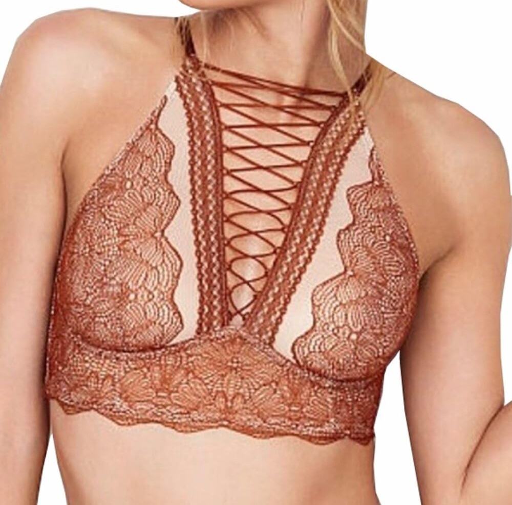Victoria's Secret Very Sexy Lace Up High Neck Bralette Bronze XS Lingerie Top